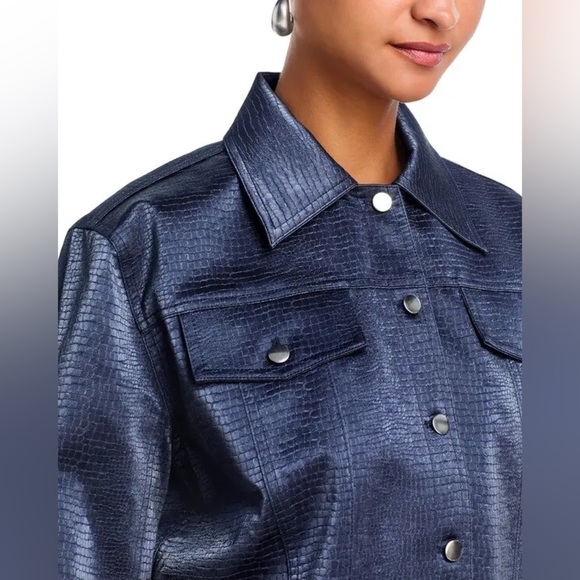 WAYF Camille Glossy Navy Blue Faux Leather Crocodile Alligator Lizard Jacket NWT - Picture 5 of 10